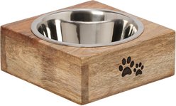 10 Strawberry Street Goldie Square Mango Wood Pet Diner Dog Bowl, Wood Grain/Silver, 16-oz