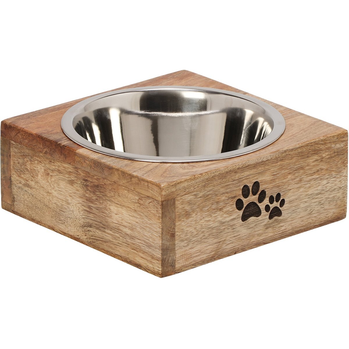 10 Strawberry Street Goldie Square Mango Wood Pet Diner Dog Bowl, Wood Grain/Silver, 16-oz