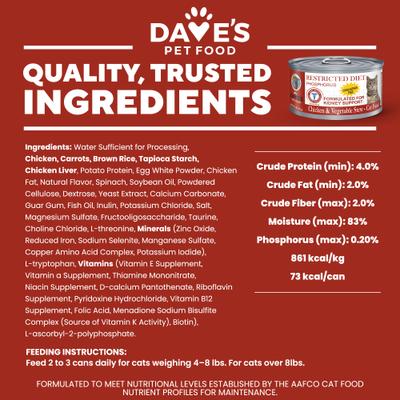 Show full view: Dave's Pet Food Kidney Renal Support Chicken & Vegetable with Low Phosphorus Stew Canned Wet Cat Food, 3-oz can, case of 12 slide 6 of 9