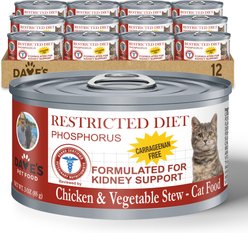Dave's Pet Food Kidney Renal Support Chicken & Vegetable with Low Phosphorus Stew Canned Wet Cat Food, 3-oz can, case of 12