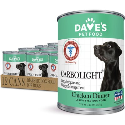 Dave's Pet Food Dave's Pet Food Carbolight Carbohydrate & Weight Management Diabetic Support Adult Low-Glycemic Chicken Pate Canned Wet Dog Food, Chicken Dinner, 13-oz, case of 12