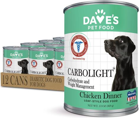 Dave's Pet Food Carbolight Carbohydrate & Weight Management Diabetic Support Adult Low-Glycemic Chicken Pate Canned Wet Dog Food, Chicken Dinner, 13-oz, case of 12