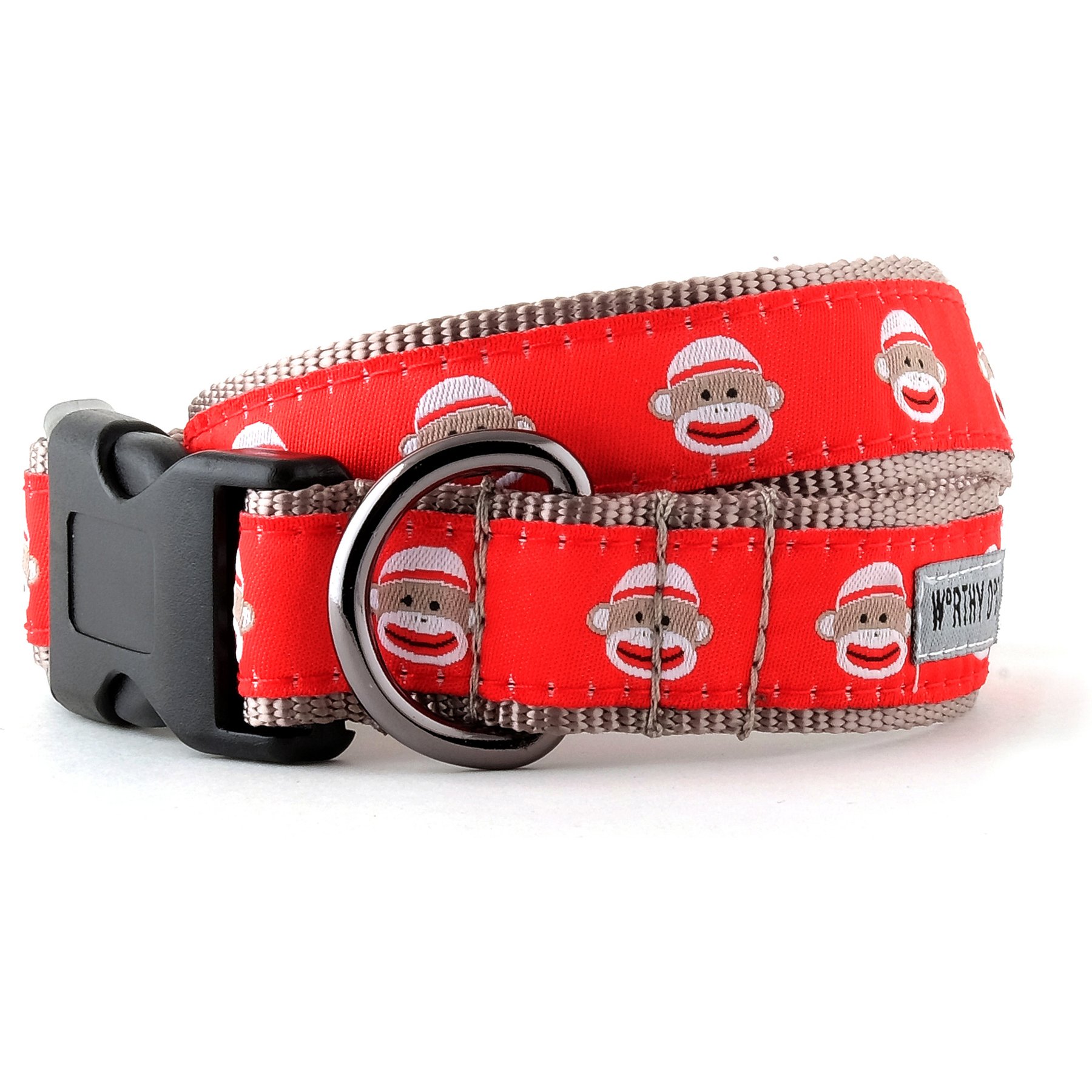 The Worthy Dog Sock Monkey Adjustable Dog Collar, Red, X-Large