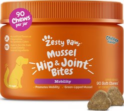 Zesty Paws Mussel Mobility Bites Chicken Flavored Soft Chews Hip & Joint Supplement for Dogs, 90 count