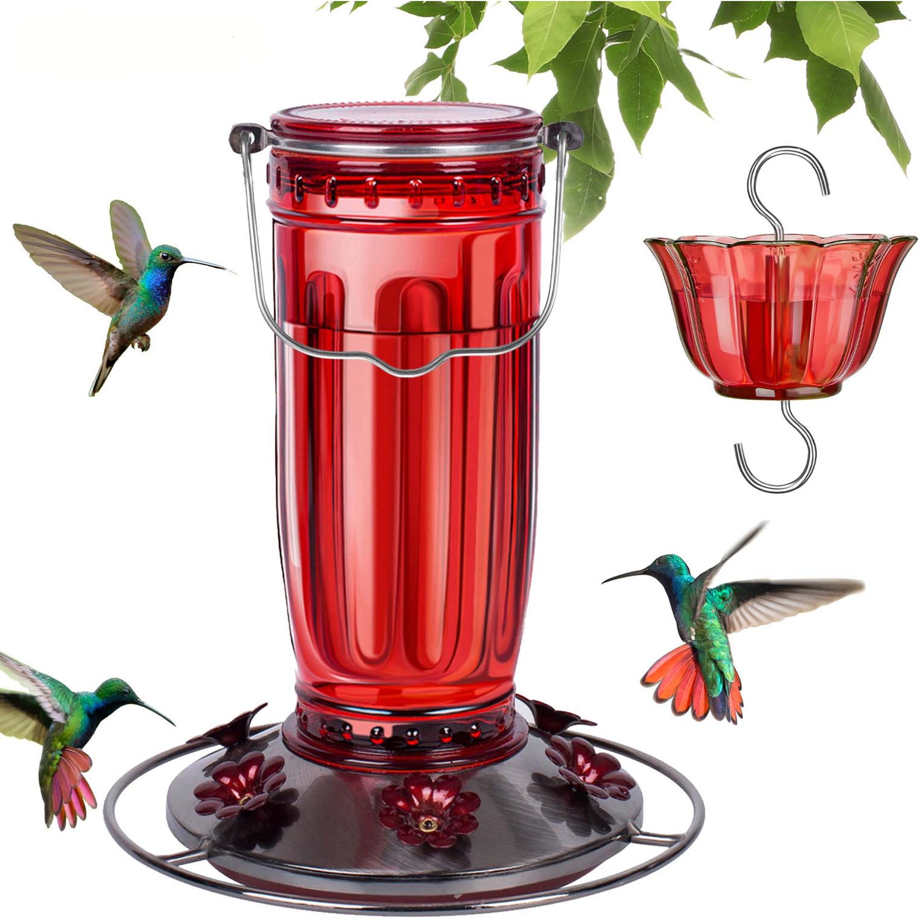 Yarty 16-oz Glass Hummingbird Feeder with Ant Moat, Red