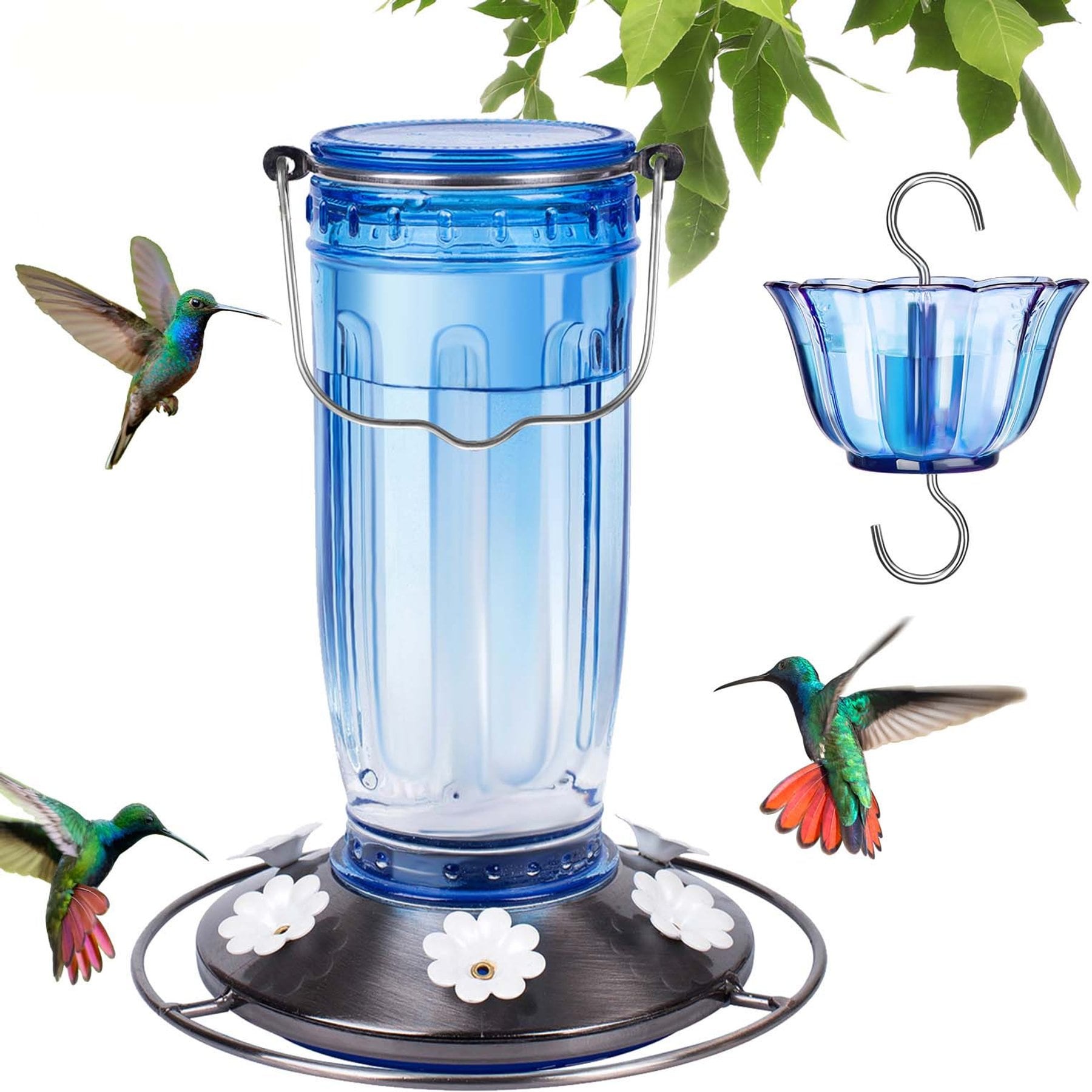 Yarty 16-oz Glass Hummingbird Feeder with Ant Moat, Ocean Blue