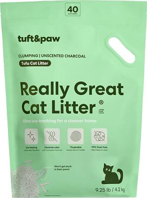 Show full view: tuft + paw Really Great Cat Litter Unscented Low-Tracking, Flushable Tofu Cat Litter, 9.5-lb bag + Cubby Non-Stick Litter Box + Plastic Litter Scoop slide 2 of 9