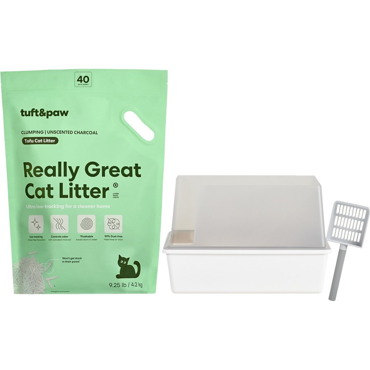 tuft + paw Really Great Cat Litter Unscented Low-Tracking, Flushable Tofu Cat Litter, 9.5-lb bag + Cubby Non-Stick Litter Box + Plastic Litter Scoop