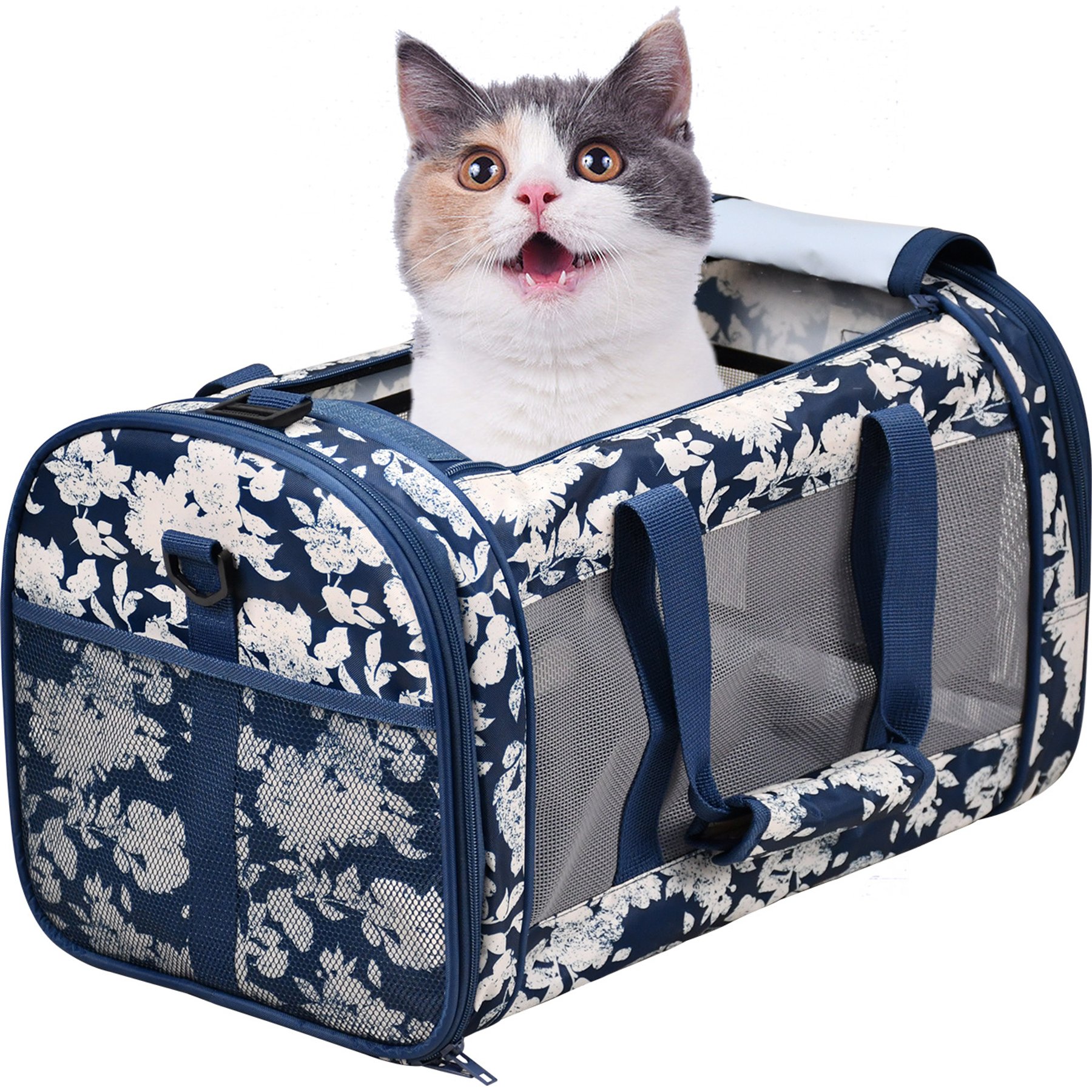 Jespet & GOOPAWS Soft-Sided Airline-Approved Travel Dog & Cat Carrier, Blue White Floral, 19-in