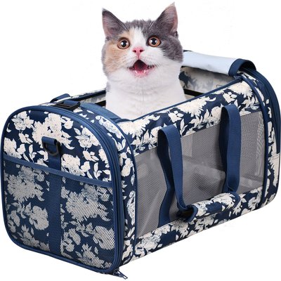 Jespet Jespet & GOOPAWS Soft-Sided Airline-Approved Travel Dog & Cat Carrier, Blue White Floral, 19-in