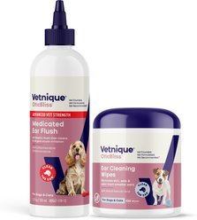 Vetnique Labs Oticbliss Medicated Ear Rinse Cleanser, 12-oz bottle + Advanced Cleaning, Soothing, & Medicated Dog & Cat Ear Wipes, 100 count