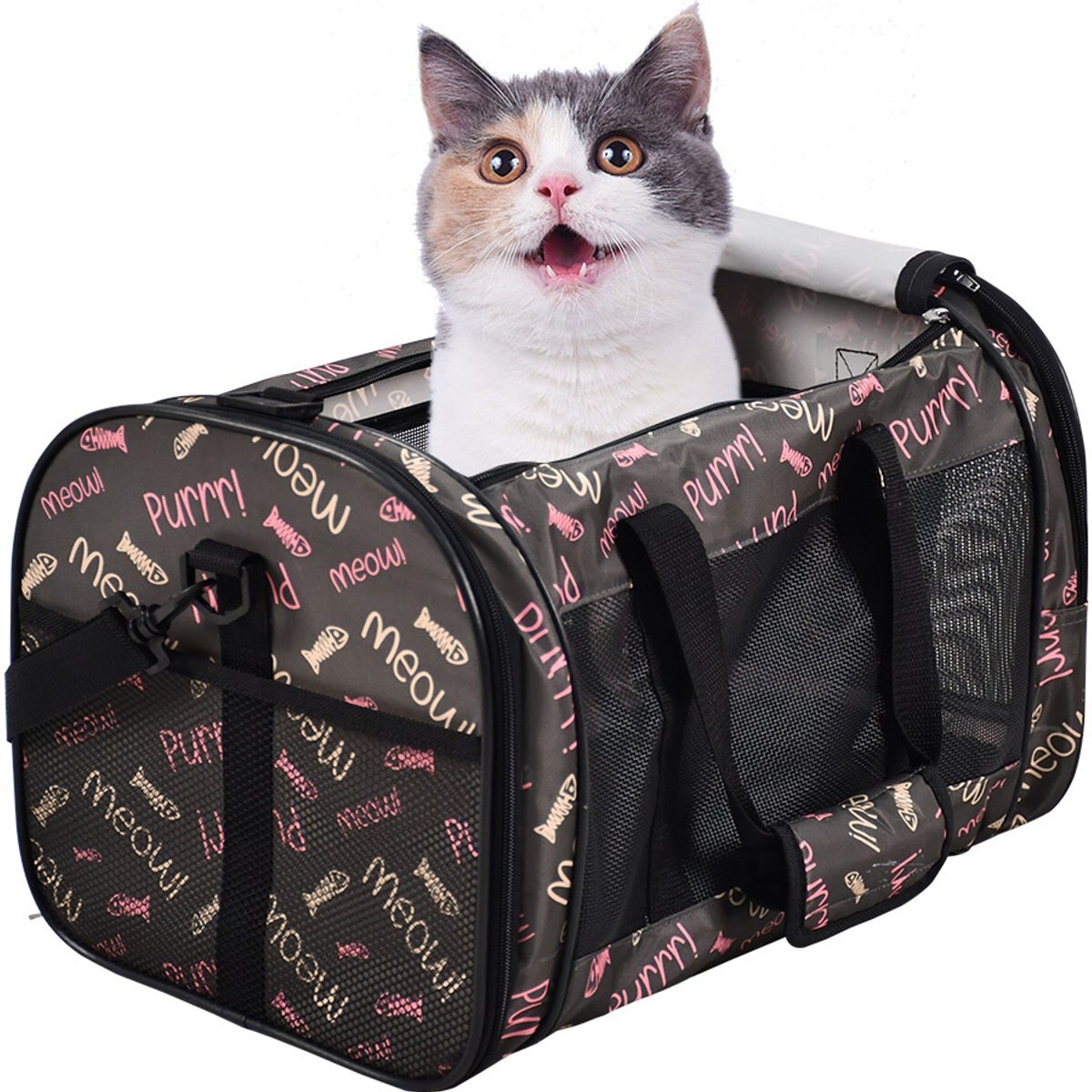 Jespet & GOOPAWS Soft-Sided Airline-Approved Travel Dog & Cat Carrier, Coffee Fish Print, 19-in