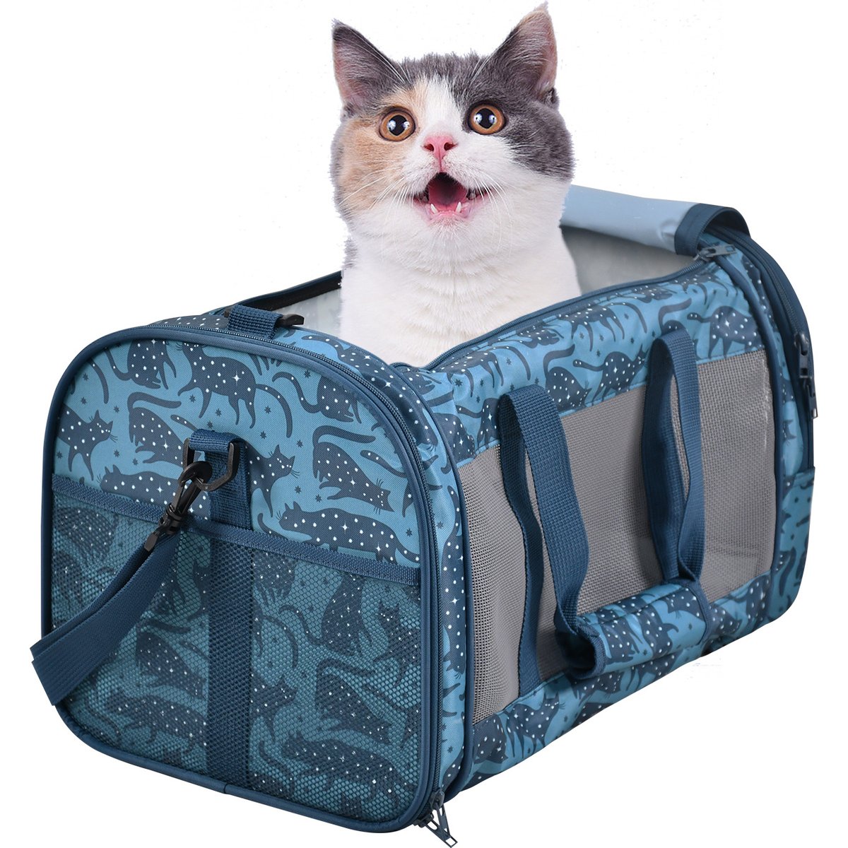 Jespet & GOOPAWS Soft-Sided Airline-Approved Travel Dog & Cat Carrier, Blue Cat Print, 19-in