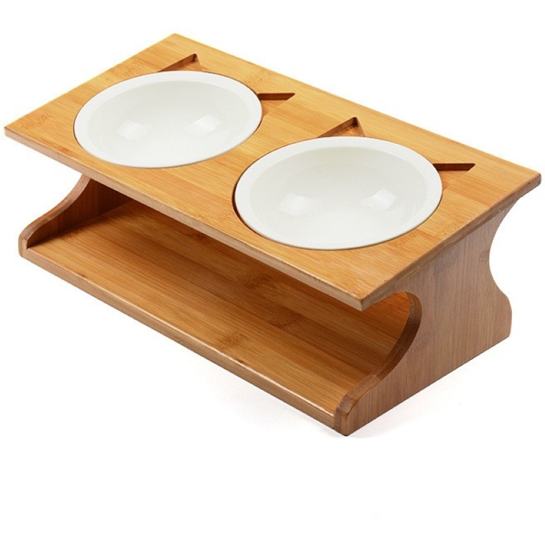 Fairela Bamboo & Wood Double Ceramic Elevated Dog & Cat Bowl, Medium: 4-cup