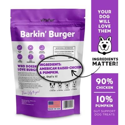 Show full view: Vitafur Barkin Burger Chicken & Pumpkin Grain-Free Dehydrated Dog Treats, 5-oz bag slide 3 of 6