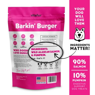 Show full view: Vitafur Barkin Burger Salmon & Pumpkin Grain-Free Dehydrated Dog Treats, 5-oz bag slide 3 of 6