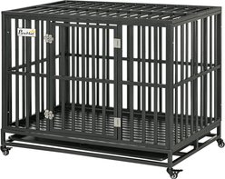 Cesicia Steel Heavy Duty Dog Crate with Lockable Wheels & Slide-out Tray, Black