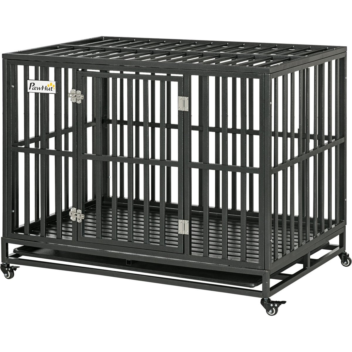 Zeus & Ruta Heavy Duty Metal Dog Crate with Lockable Wheels & Slide-out Tray, Black