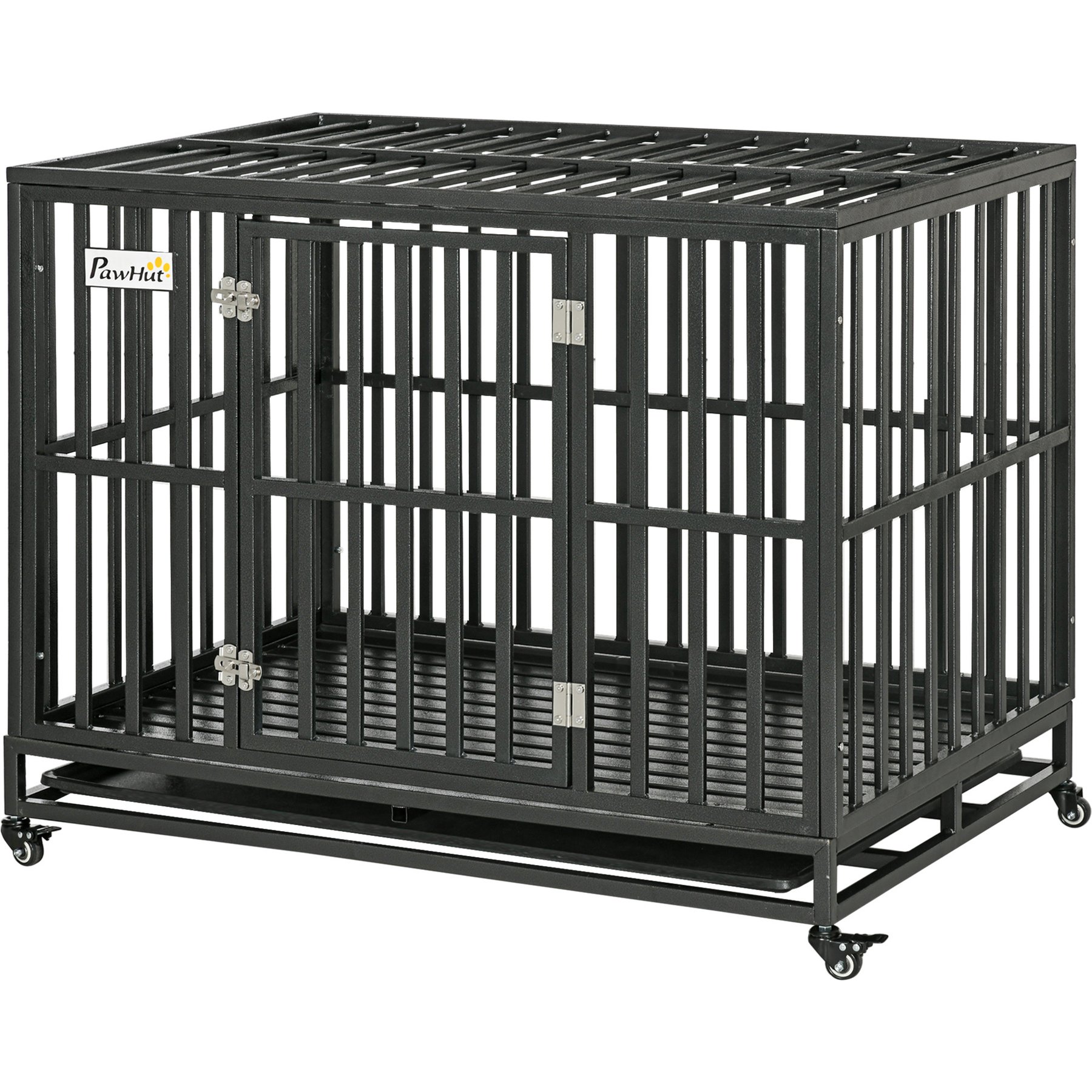 Zeus & Ruta Heavy Duty Metal Dog Crate with Lockable Wheels & Slide-out Tray, Black