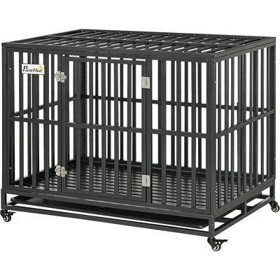 Zeus & Ruta Zeus & Ruta Heavy Duty Metal Dog Crate with Lockable Wheels & Slide-out Tray, Black