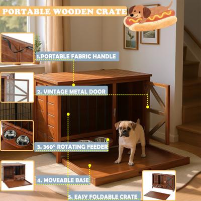 Show full view: Cesicia Solid Wood Furniture Style End Table Dog Crate with 360° Rotating Feeder, Walnut Brown slide 4 of 6