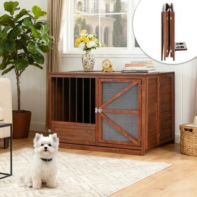 Show full view: Cesicia Solid Wood Furniture Style End Table Dog Crate with 360° Rotating Feeder, Walnut Brown slide 2 of 6