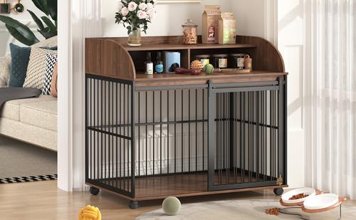 Show full view: Cesicia Wooden Furniture Style Storage Dog Crate with Lockable Wheels, Brown slide 2 of 6