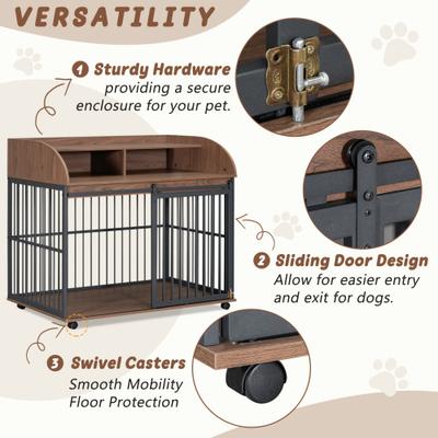 Show full view: Cesicia Wooden Furniture Style Storage Dog Crate with Lockable Wheels, Brown slide 4 of 6