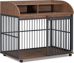 Cesicia Wooden Furniture Style Storage Dog Crate with Lockable Wheels, Brown slide 1 of 6