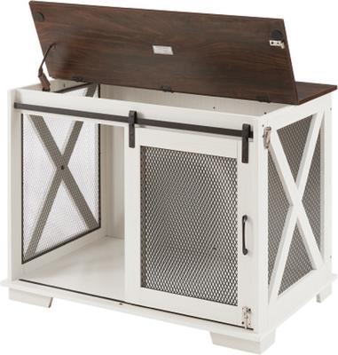 Show full view: Cesicia Wooden Barn Door End Table with Flip-top Plate Dog Crate, White slide 4 of 6