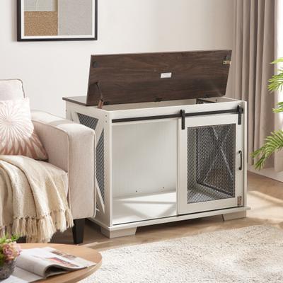 Show full view: Cesicia Wooden Barn Door End Table with Flip-top Plate Dog Crate, White slide 3 of 6