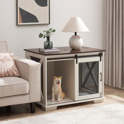 Show full view: Cesicia Wooden Barn Door End Table with Flip-top Plate Dog Crate, White slide 2 of 6