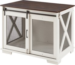 Cesicia Wooden Barn Door End Table with Flip-top Plate Dog Crate, White slide 1 of 6