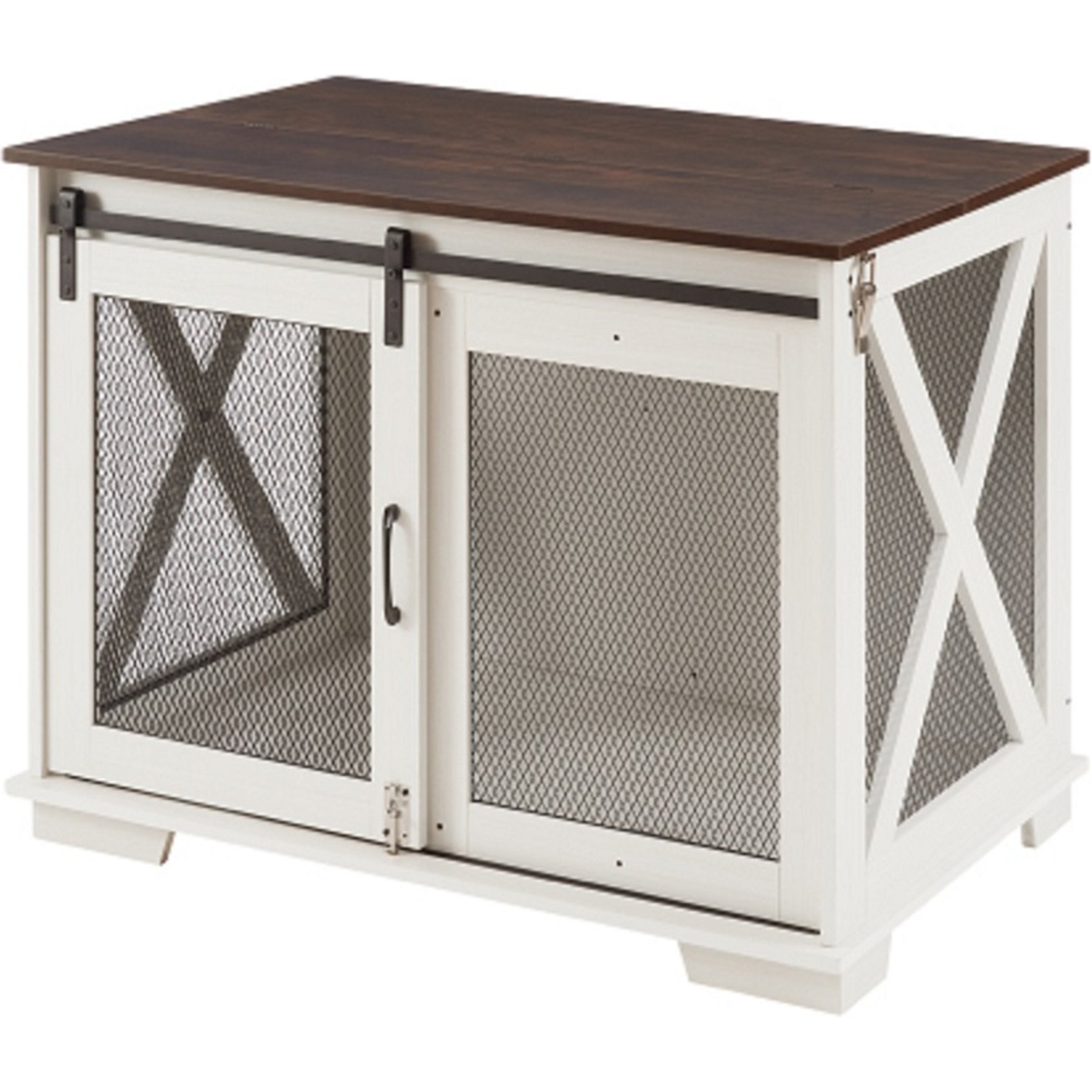 Cesicia Wooden Barn Door End Table with Flip-top Plate Dog Crate, White