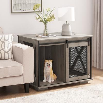 Show full view: Cesicia Wooden End Table with Flip-top Plate Dog Crate, Gray slide 3 of 7