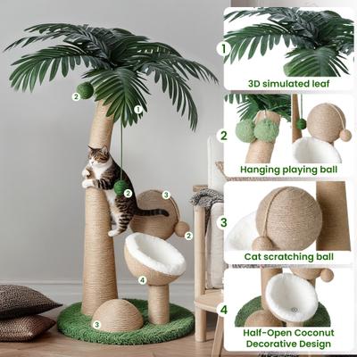 Show full view: TSCOMON Indoor Cocount 32.3-in Plush Cat Scratching Post with 2 Scratching Ball & 4 Interactive Dangling Balls, Green/Brown slide 3 of 7
