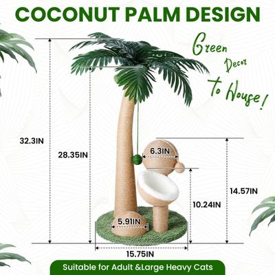 Show full view: TSCOMON Indoor Cocount 32.3-in Plush Cat Scratching Post with 2 Scratching Ball & 4 Interactive Dangling Balls, Green/Brown slide 2 of 7