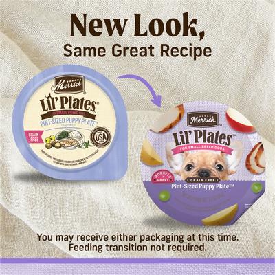 Show full view: Merrick Lil' Plates Grain-Free Small Breed Wet Dog Food Pint-Sized Puppy Plate, 3.5-oz tub, case of 12 slide 3 of 12