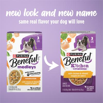 Show full view: Purina Beneful Medleys Romana Style with Real Chicken in Gravy Wet Dog Food, 3-oz, pack of 3 slide 3 of 13