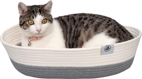 Show full view: Kitty City Woven Bolster Cat Bed with Pillow & Removable Cover, Grey & White slide 4 of 9