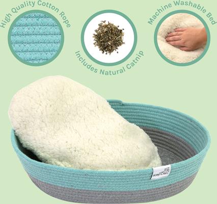 Show full view: Kitty City Woven Bolster Cat Bed with Pillow & Removable Cover, Blue & White slide 6 of 8