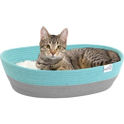 Kitty City Kitty City Woven Bolster Cat Bed with Pillow & Removable Cover, Blue & Grey