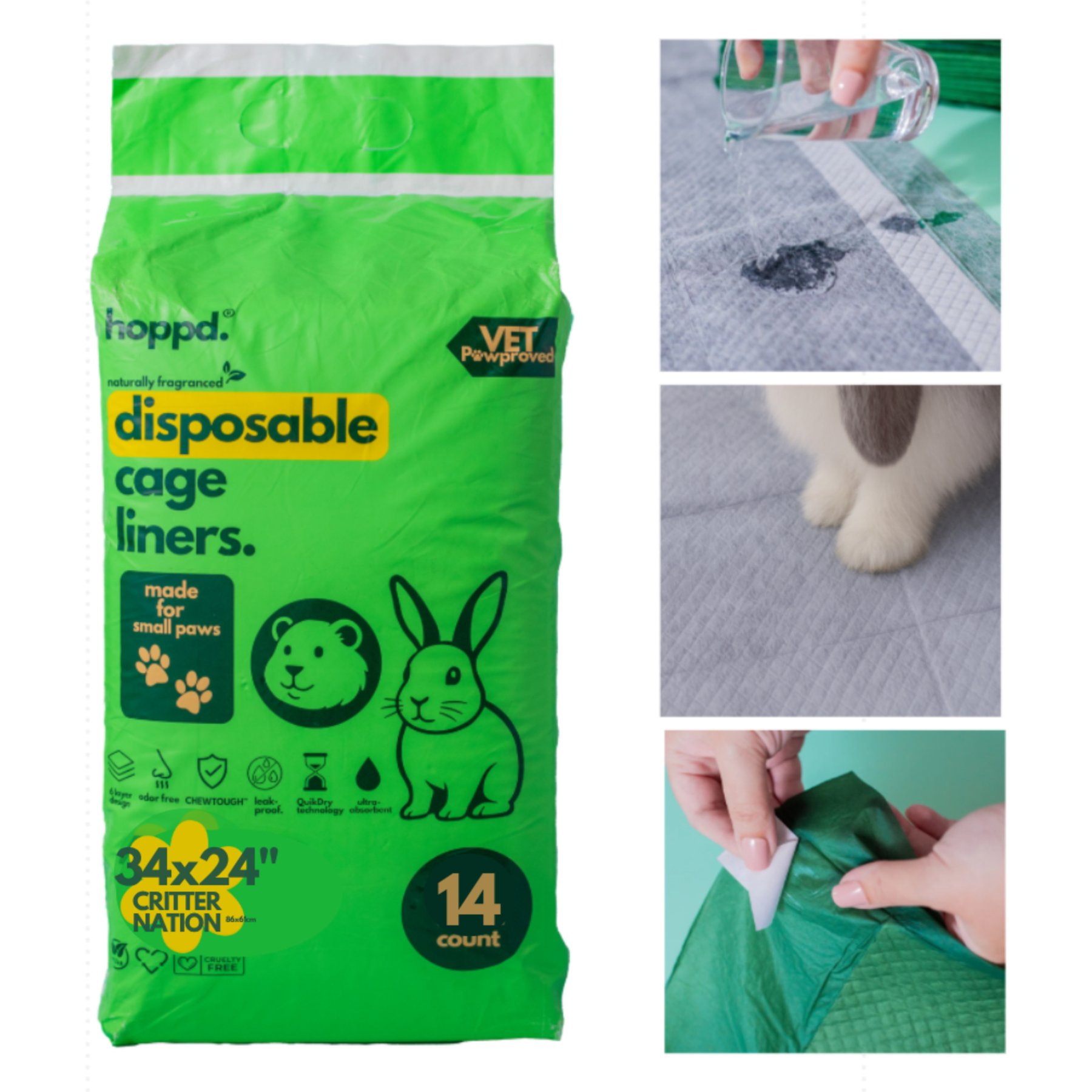 Hoppd Ultimate Disposable Smallpet Cage Liners, Green/Charcoal Grey, Critter Nation: 34 x 24-in, 14 count
