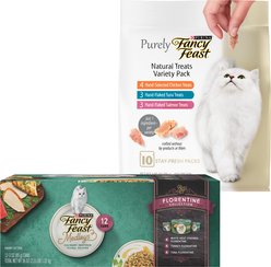 Fancy Feast Medleys Florentine Collection Pack Canned Cat Food, 3-oz, case of 12 + Purely Natural Variety Pack Cat Treats, 1.06-oz pouch