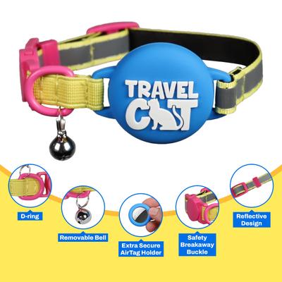 Show full view: Travel Cat AirTag Holder Nylon Reflective Breakaway with Bell Cat Collar, 9 to 12-in neck, 1/2-in wide, Neon 90s slide 5 of 7