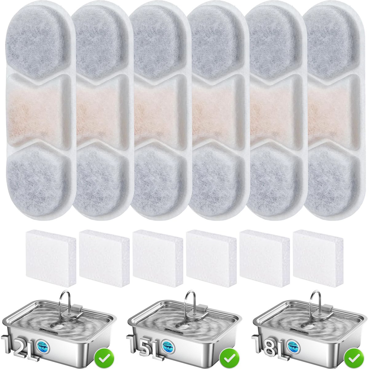 Casfuy ZT-50, ZT-60 & ZT-80 Dog Water Fountain Replacement Filters & Sponges, 6 count