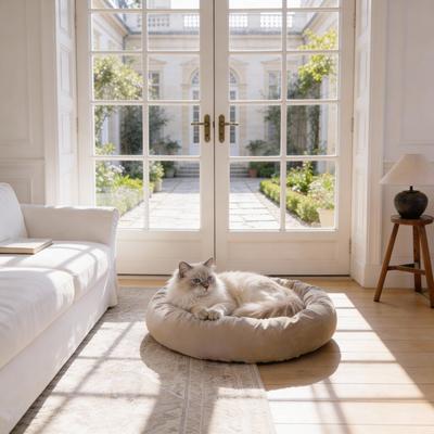 Show full view: Allisandro Luxury Donut Ultra Soft Velvet Supportive Bolster Design Orthopedic Elevated Dog & Cat Bed with Removable Cover & Handle, Beige, 36 x 36-in slide 2 of 9