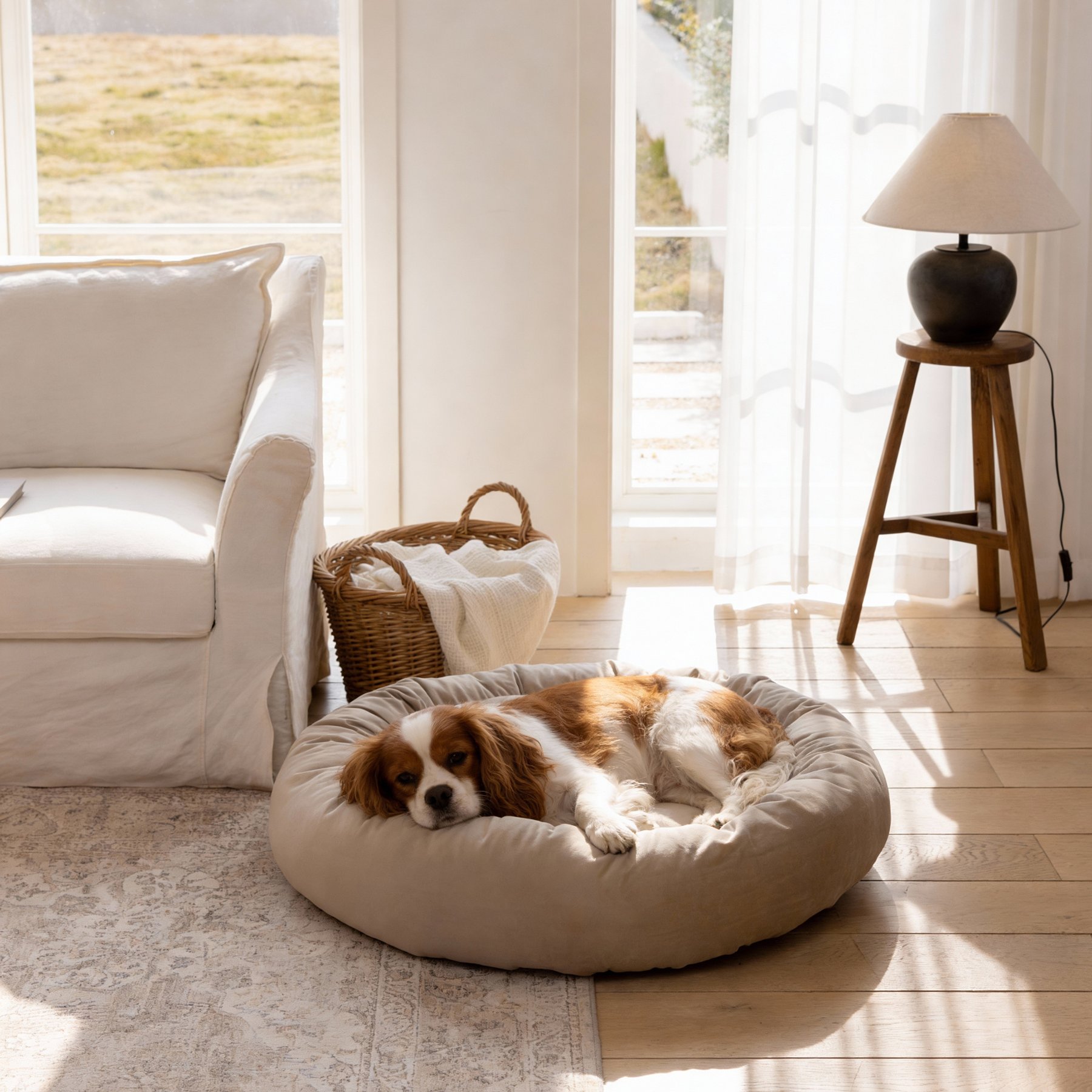 Allisandro Luxury Donut Ultra Soft Velvet Supportive Bolster Design Orthopedic Elevated Dog & Cat Bed with Removable Cover & Handle, Beige, 36 x 36-in