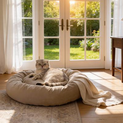 Show full view: Allisandro Luxury Donut Ultra Soft Velvet Supportive Bolster Design Orthopedic Elevated Dog & Cat Bed with Removable Cover & Handle, Beige, 48 x 48-in slide 3 of 9