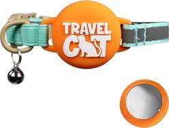 Travel Cat AirTag Holder Nylon Reflective Breakaway with Bell Cat Collar, 9 to 12-in neck, 1/2-in wide, Earth